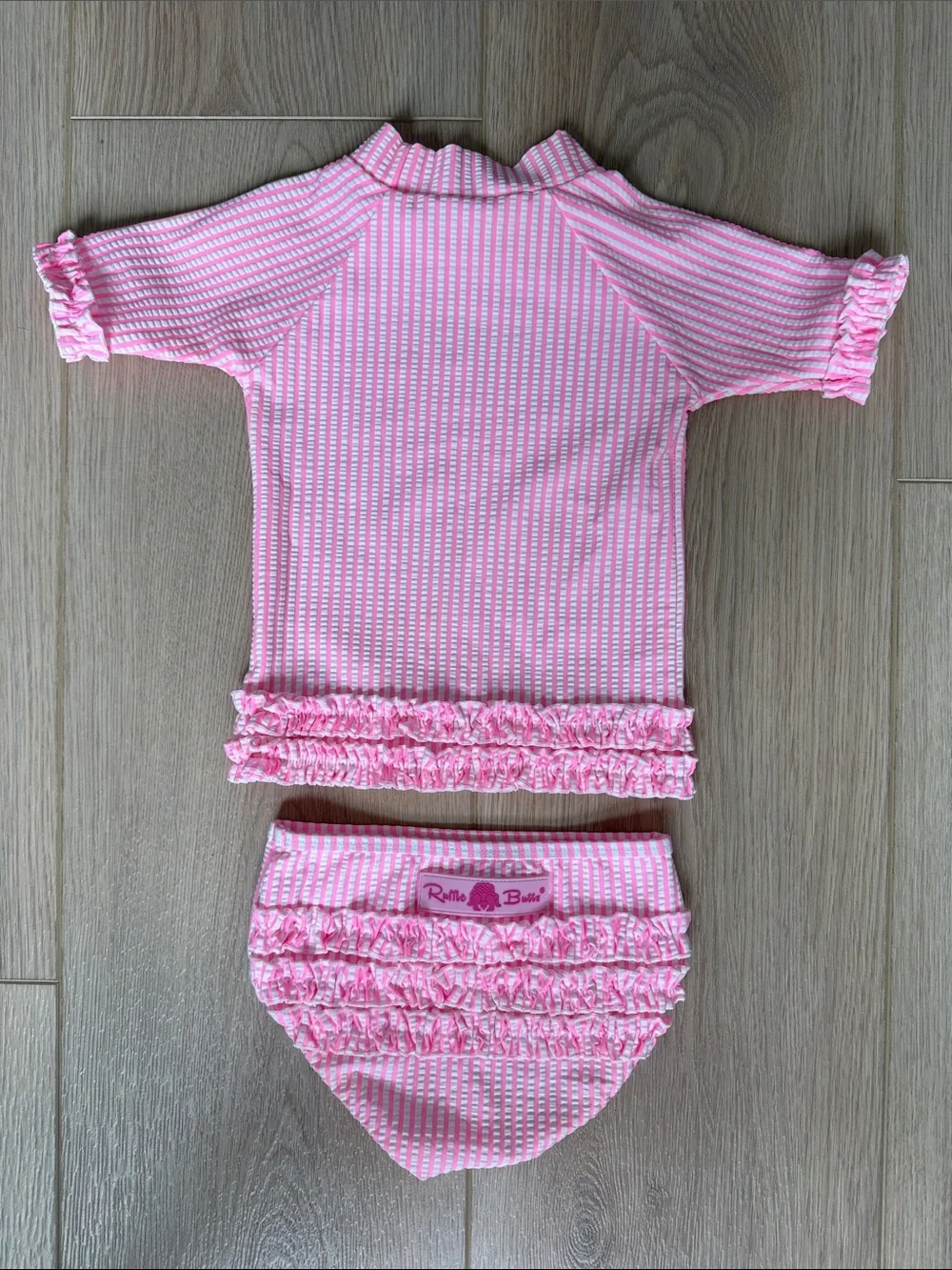 RuffleButts Neon Pink & White Striped Seersucker Rash Guard Swim Set 18-24M